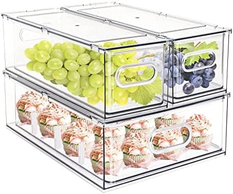 MineSign Set of 3 Stackable Refrigerator Organizer Bins Pull-Out Drawers for Fruit and Veggies Divided Storage Organizer for Fridge Clear Drawer Containers with Handle for Produce Saver, Eggs, Snack