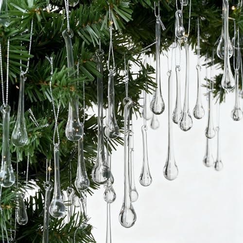 OuMuaMua 100 Pcs Glass Raindrop Christmas Ornaments Crystal Teardrop Hanging Ornaments Clear Chandelier Drop Pendant Decorations for Christmas Tree Winter New Year Party Supplies Home Decor