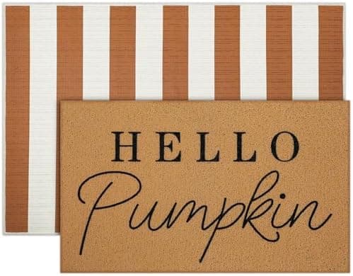 Tinideya 2 Pcs Fall Door Mat Thanksgiving Hello Pumpkin Welcome Non Slip Coir Mats White Orange Buffalo Plaid Floor Layering Doormats Seasonal for Front Porch Entryway Decor(Orange White)