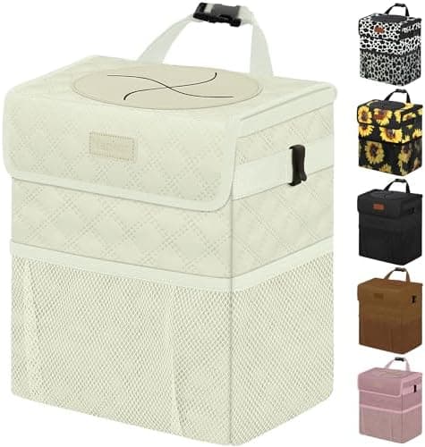 Vankor White Car Trash Can Cute, White Car Accessories for Women Waterproof Automotive Garbage Cans Leak Proof Vehicle Trash Can Diamond Pattern-Beige