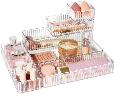 Vtopmart 7 PCS Clear Drawer Organizers Bins, 4-Size Stackable Makeup and Vanity Drawer Organizer Trays, Acrylic Bathroom Drawer Storage Containers for Cosmetic, Office Supply, Kitchen Utensils Gadgets