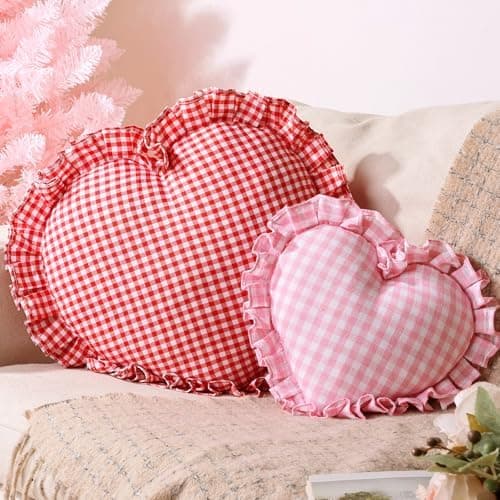 Bunny Chorus Valentines Day Decorations, 2pcs Love Heart Shaped Pillows, 13"& 9" Gingham Couch Cushion, Romantic Heart-Shaped Throw Pillows for Valentines Gifts, Bedroom, Sofa, Holiday Pillows