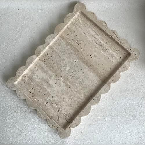 SAIDKOCC Natural Scalloped Marble Tray, 10.7"x7.87", Rectangle for Bathroom & Kitchen, Decorative for Dresser (Beige Travertine)