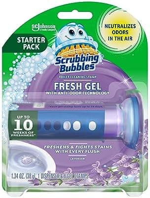 Scrubbing Bubbles Fresh Gel Toilet Bowl Cleaning Stamps, Helps Keep Toilet Clean and Helps Prevent Limescale & Rings, Lavender Scent, 1 Dispenser with 6 Fresh Gel Stamps