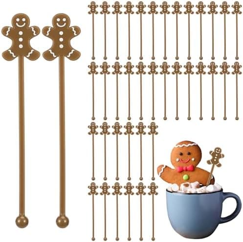 SiliFine 30 Pcs Winter Drink Stirrers Xmas Stir Stick Holiday Coffee Swizzle Stick Reusable Plastic Hot Cocoa Bar Chocolate Decoration Cocktail Mixer(Gingerbread Man,Cute Color)