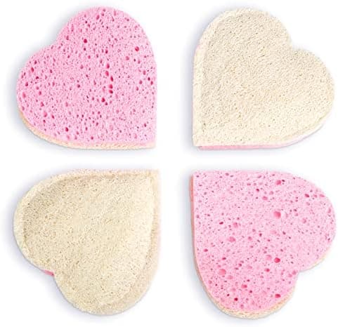 4 Pack LuffaLu Pro Sponge Loofah and Cellulose Fusion - Shower Cleaning and Exfoliating 2 Sided Coarse and Soft Spongy All-Natural Disposable Body Scrub by Fushay (Pink Hearts)
