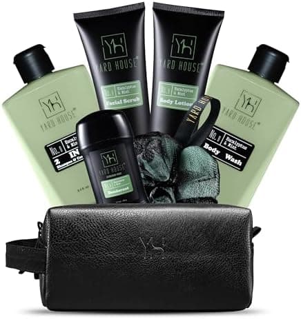 Yard House Mens Luxury Bath and Body Gift Set For Him - Skin Care Kit in Eucalyptus and Mint - Fathers Day Birthday Christmas Gifts Ideas For Men - 7Pcs Set w. Full Size Items in Leather Toiletry Bag