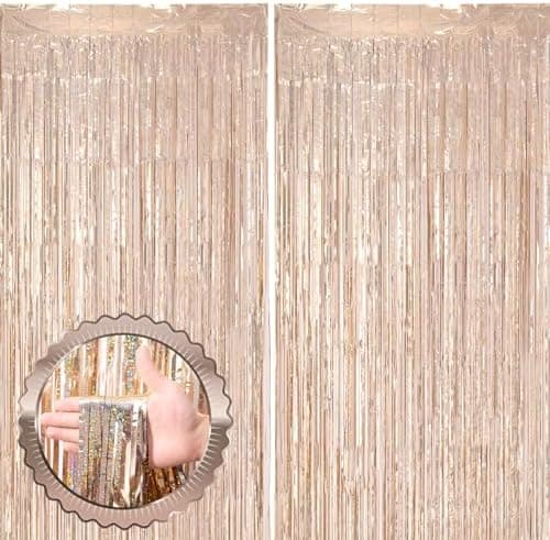 Voircoloria 2 Pack Champagne Gold Tinsel Foil Fringe Curtains, Champagne Party Decorations, Metallic Tinsel Party Streamers Backdrop for Birthday Baby Shower Graduation Wedding Party Decorations