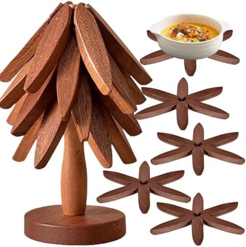 Tree Coasters Set of 4 - Wooden Trivets for Hot Dishes, Pot, Bowl, Coffee, Teapot (Brown-4)