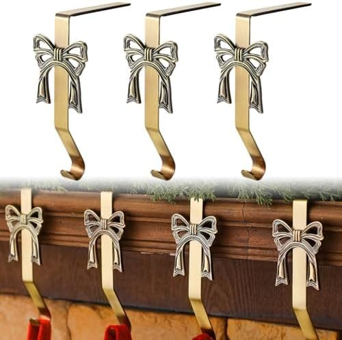 Otoolling 6 Pcs Vintage Bow Christmas Stocking Holder Brass Gold Bow Stocking Hangers Xmas Metal Decoration for Fireplace Shelf Staircases Party Decoration Christmas Mantel Decor