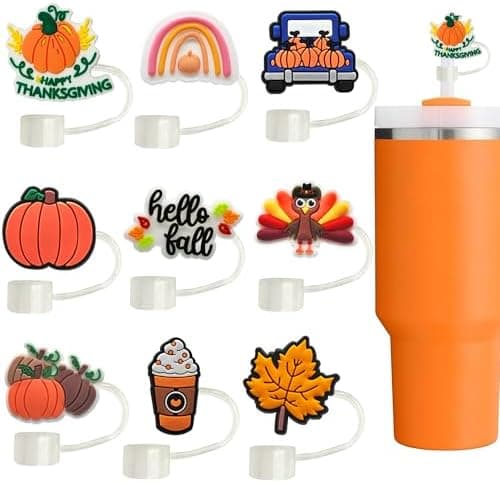 9pcs Fall Toppers for Stanley Cup - Thanksgiving Autumn Straw Covers 10mm Drinking Tip Covers for Stanley Cup Accessories