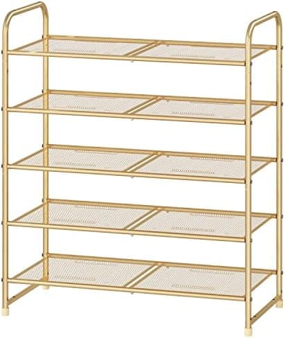 Simple Trending 5-Tier Stackable Shoe Rack, Expandable & Adjustable Shoe Shelf Storage Organizer, Metal Mesh, Gold