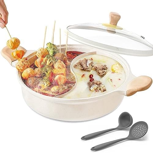 COOKER KING Hot Pot with Divider, 12Inch Nonstick Hotpot Pot-5QT Double-flavor Shabu Shabu Pot With 2 Soup Ladle＆Lid for Induction Cooktop Gas Stove