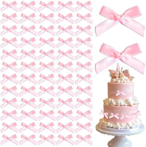MEORLUSY 60PCS Mini Bows for Craft 1.5"*2"Small Satin Ribbon Bow Tiny Premade Bows for DIY Gift Wrapping Mini Sewing Bowknots Decoration for Tree Party Cake Baby Shower (Pink)