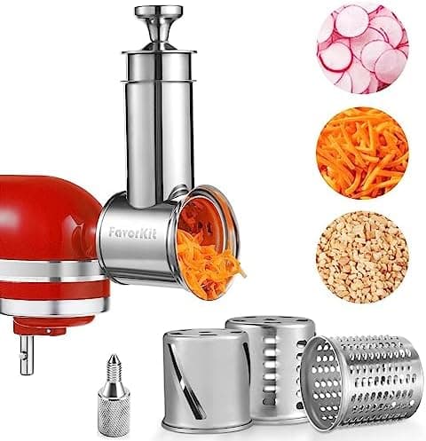 FavorKit Large Stainless Steel Slicer Shredder Attachment for KitchenAid Mixers, Dishwasher Safe Salad Maker, Cheese Grater Accessories with 3 Blades & 1 Knob Thumb Screw