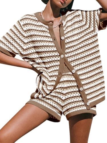 Saodimallsu Womens Crochet Swimsuit Coverup Summer Beach Sets Striped Knit Short Sleeve Button Shirts 2 Piece Short Set