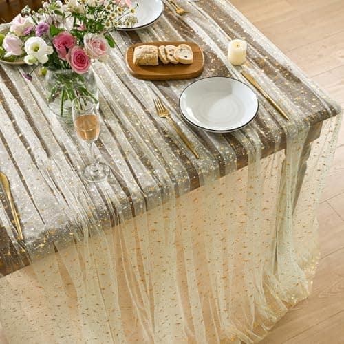 Horaldaily Beige Gold Sparkling Star Gauze Tablecloth 60x84 Inch Rectangular, Golden Star Sequin Glitter Metallic Foil, Sheer Tulle Cheesecloth for Wedding Baby Shower Party