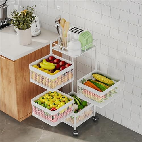 xinyourui Rotating Kitchen Storage Rack,Fruit and Vegetable Basket Cart,Bathroom Shelf,Kitchen Organization and Storage Rack,Rolling Carts on Wheels(White, 4 Tier-Square)