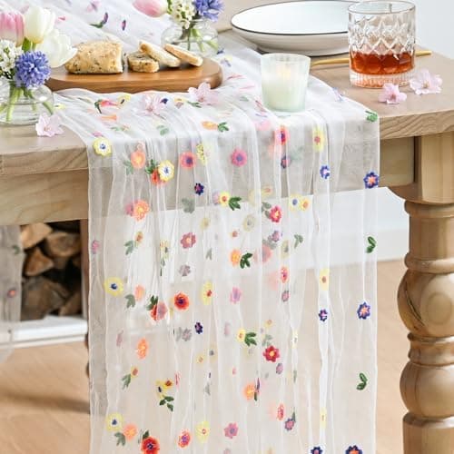 Artoid Mode Milky White Wildflower Floral Gauze Embroidery Table Runner 120 Inch 10FT, Tulle Seasonal Spring Kitchen Dining Table Decor for Home Party