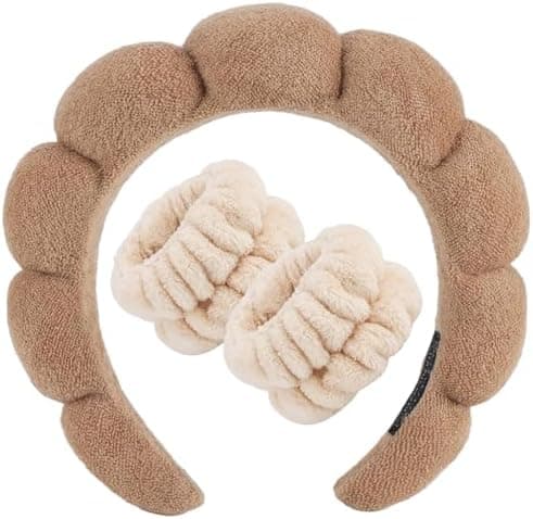 Zkptops Spa Headband for Washing Face Wristband Set Sponge Makeup Skincare Terry Cloth Bubble Soft Get Ready Hairband for Women Girl Puffy Padded Headwear Non Slip Thick Hair Accessory(Brown-2)