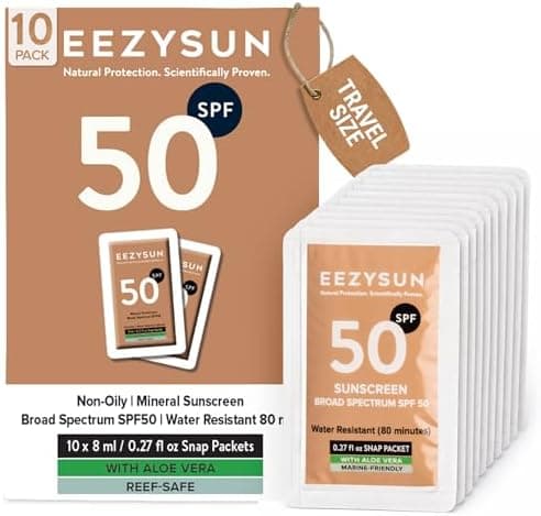 EEZYSUN Mineral Sunscreen SPF 50 Travel Size, 10 Snap Packets x 0.27 fl oz - Non-Greasy, Weightless, Sweat-Resistant, Reef-Safe Mineral Based Sunscreen for Face, Body with Aloe Vera - All Skin Types