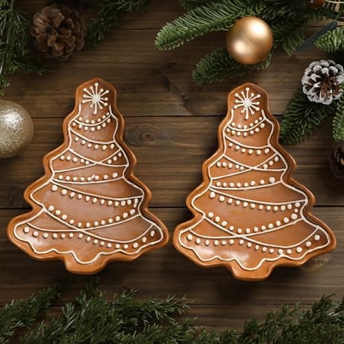 LemonRoad 2 Pcs Christmas Gingerbread Plates Resin Gingerbread Tree Shaped Platter 8 x 5.9 Inch Hand Painted Xmas Tree Snack Fruit Candy Serving Tray for Farmhouse Home Decoration Party Supplies Gift