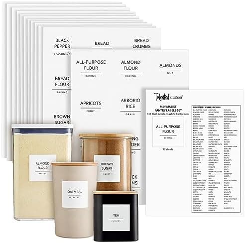 Talented Kitchen Pantry Labels for Containers - 144 Matte Vinyl Stickers, 2.5 x 2.5 in, Black on White, Water Resistant - Food Labels & Ingredient Stickers for Spice Jars & Baking Organization