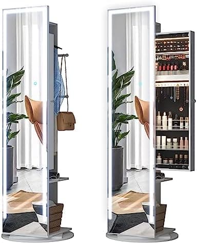 LVSOMT 360°Swivel Full-Length Mirror Jewelry Cabinet Armoire, Touch Screen Full Body Mirror with Jewelry Storage, Large Floor Jewelry Organizer for Bedroom, w/Coat Rack, Shelves(White)