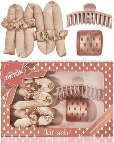 Kitsch Satin Heatless Hair Curler Styling 5pc Gift Set - Satin Heatless Hair Curler w/ 2 Scrunchies, Ceramic Thermal Roller & Claw Clip, Gifts for Women, Hair Roller Styling & Accessories- Champagne