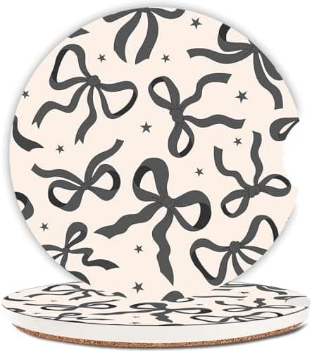 Car Coasters for Cup Holders, Car Cup Holder Coaster, Cute Car Accessories for Women Interior, 2PCS Cup Holder Coasters for Car, Anti Slip Rubber Cup Mat with A Finger Notch(Cute Black Ribbon Bow)