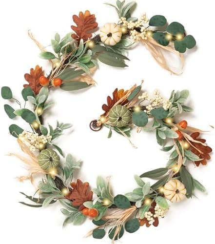 Valery Madelyn Fall Garland for Mantle, 6ft Lambs Ear Leaves Garland with Lights White Pumpkins Thanksgiving Table Centerpiece, Fall Autumn Decorations for Home Porch Fireplace Outdoor Halloween Decor