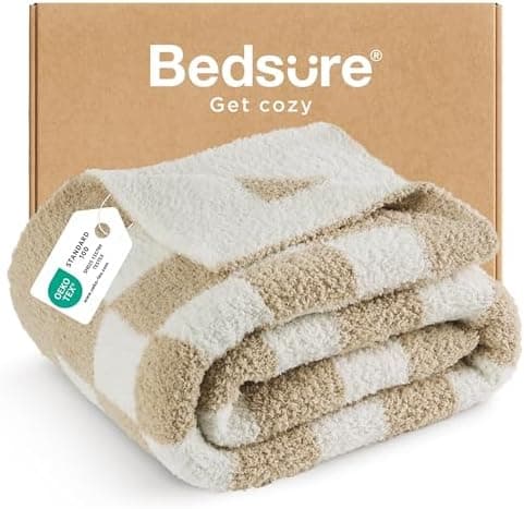 Bedsure GentleSoft Cozy Soft Throw Blanket for Couch, Beige Checkered Fluffy Blanket, Lightweight Warm Knit All Season Throw Blankets for Bed Sofa, Birthday, for Women, 50x60 Inches