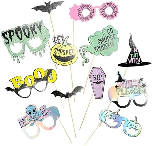 Cheerland Pastel Halloween Decor Photo Booth Props Colorful Cute Pastel Selfie Accessories for Halloween Themed Birthday Party Decoration Supplies Spooky Scary Summerween Prop Kits for Photos 12pcs