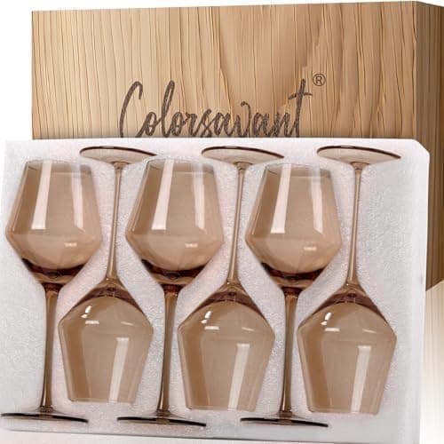 Colorsavant Smokey Sand Wine Glasses Set 6-16oz, Long Stem, Universal Size for White and Red Wine - Hand Blown Smoky Amber Brown Neutral Stemware for Home,Party