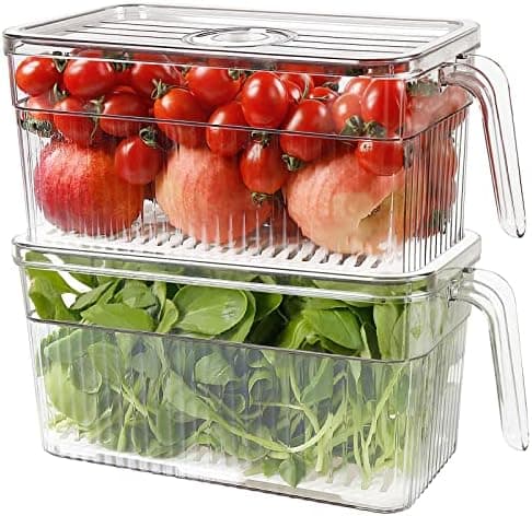 Loobuu 2 Pack Plastic Food Storage Produce Containers for Fridge, Stackable Lettuce Keeper for Refrigerator with Removable Drain Tray Keep Fresh for Vegetables/Fruit/Berry/Salad - 10'' x 5.3'' x 5.2''