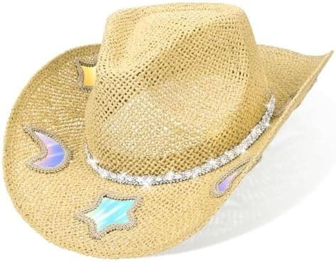 ZWZPOP Cowboy Hat,Cowgirl Hat,Cowboy Hats for Women,Straw Western Cowgirl Hats with Star and Moon Reflective Patches Yellow
