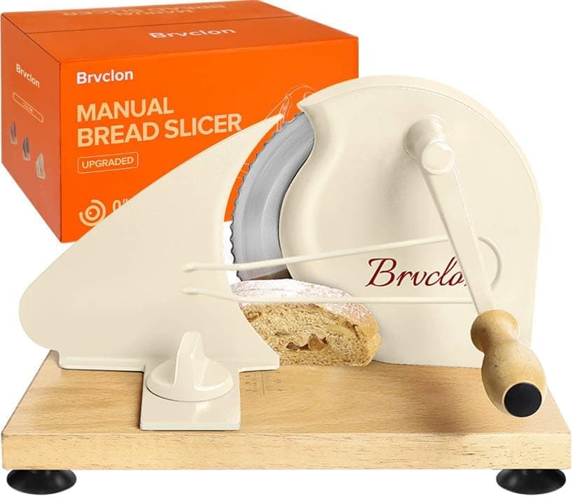 Brvclon Manual Bread Slicer Adjustable Thickness, Hand Crank Bread Slicer for Homemade Sourdough Bread with Scale Line & Suction Cup & Metal Guide,Quality Solid Wood Base & Gift-Level Packaging
