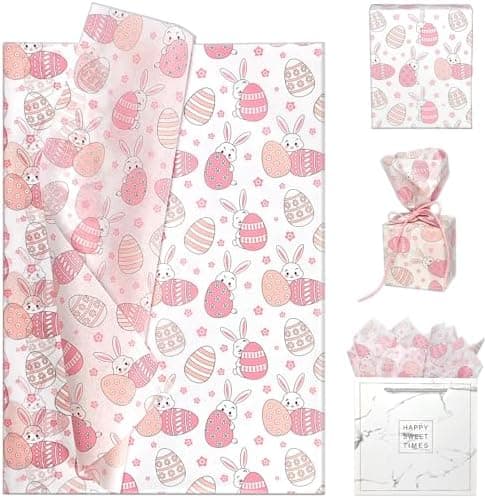 LIAPAWPAW Easter Tissue Paper with Bunny & Egg Pattern, Cute Pink and White Gift Wrapping Tissue Paper for Easter Baskets & Gift Bags, Pastel Packaging for Craft, Spring Party Decor, 30 Sheets 20x14in