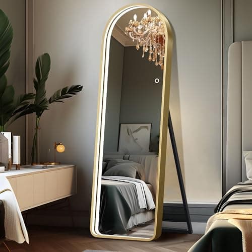 SDHYL Arched Full Length Mirror with Lights, 64"x20" LED Mirror Full Body with Stand, Touch Button and Plug, Dimmable Brightness Dressing Mirror for Living Room, Gold