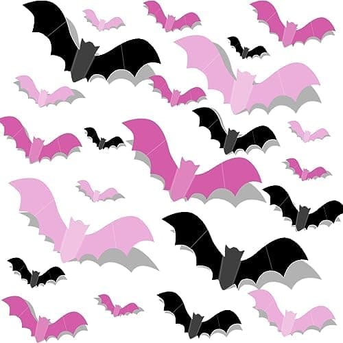 Pink Bats for Wall Halloween 3D Bat Blush and Black DIY Wall Decal Bathroom Indoor Cute Pastel Halloween, PVC Door Bats Stickers for Home (48pcs)