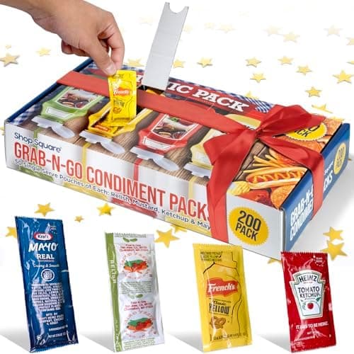 Grab-n-Go Condiment Packs - 50 Single Serve Pouches of Each: Ketchup, Mustard, Relish, and Mayo - Great for Picnics, Boxed Lunch, BBQ, Travel, Picnic and Parties (200 Condiment Packets Total)