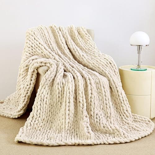 Admitrack Chunky Knit Blanket Throw 51"x63", 100% Hand Knit Chenille Throw Blanket for Sofa & Home Decor, Soft and Cozy Knitted Throw Blankets (Ivory，51"x63")