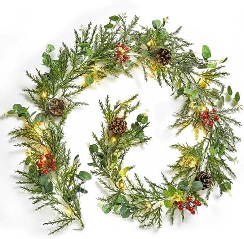 Brightown Pre-lit Christmas Garland with Lights, 6 Feet 20 LED Battery Operated Christmas Lights with Pine Cones, Berry, Eucalyptus Leaves, Indoor Christmas Decorations for Stairs, Fireplace, Door