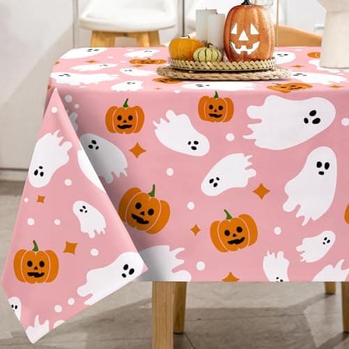 JarThenaAMCS Halloween Tablecloth 60 x 104 Inch Ghost Pumpkin Table Cover Pink Rectangle Table Cloth for Home Farmhouse Picnic Dining Table Decor