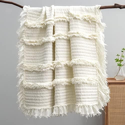 Ultra Soft Pre-Washed Quilted Boho Cream Twin Size Blankets for Bed, Ruffle Fringed Decorative Throw, Stone Washed Chic Rustic Blanket for Sofa Couch Bed, 60"*80"