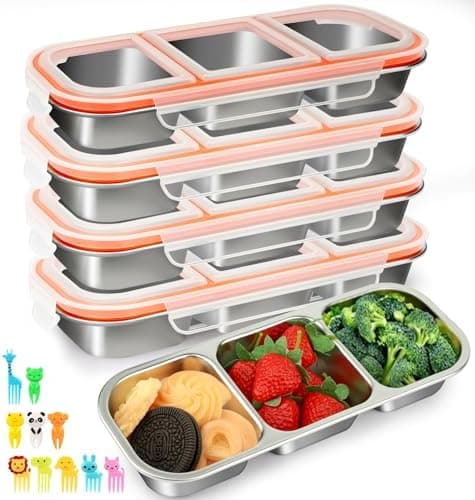 JUJOJB Snack Containers, 4 Pack Stainless Steel Bento Box With Lids,Leak Proof Metal Lunch Box with 3 Compartments,Reusable Lunch Meal Prep Containers for office,Work,Travel For Adults Little One
