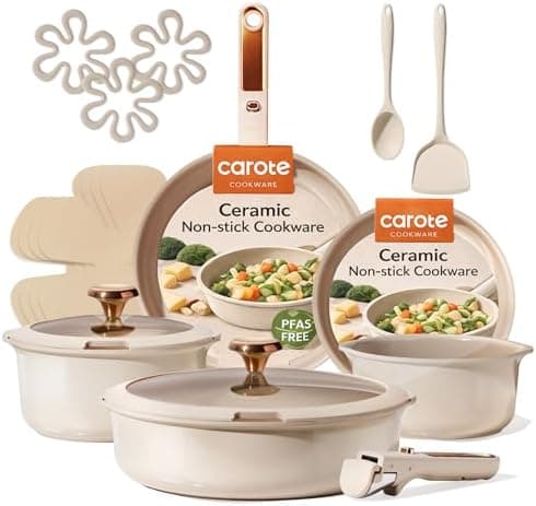 CAROTE 18Pcs Ceramic Cookware Set with Detachable Handle, Pots and Pans Set Non Stick, Non Toxic Cookware Set Removable Handles, Induction Kitchen Cookware Sets, Dishwasher/Oven Safe