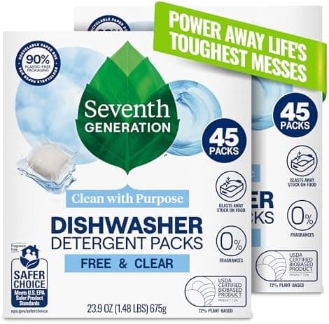 Seventh Generation Dishwasher Detergent Packs Free & Clear Pack of 2 for sparkling dishes Dishwasher tabs 45 count