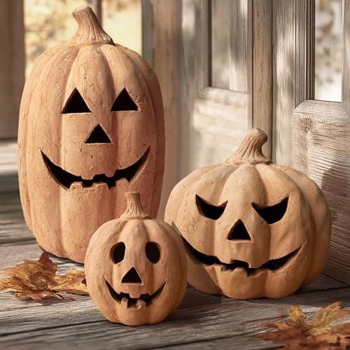 Fall Decor - Halloween Decorations - Handmade Terracotta Pumpkin Jack O' Lantern Outdoor Indoor - Cute Halloween Autumn Farmhouse Table Festival Decoration for Home Porch Front Door Mantel Room(Small)