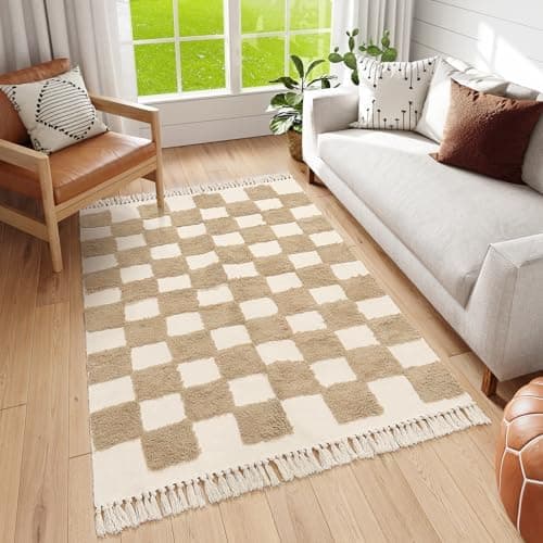 Lahome Checkered Boho Bathroom Rug, 4x6, Washable Bedroom & Kitchen Rug with Tassels, Farmhouse, Cotton Tufted Indoor Throw for Dining & Guestroom Decor, Khaki